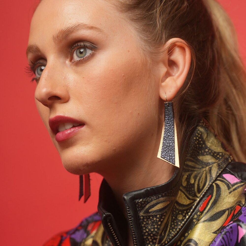 Set of 3 Upcycled Drop Earrings – Repurposed Leather in Metallic, Eco fashion